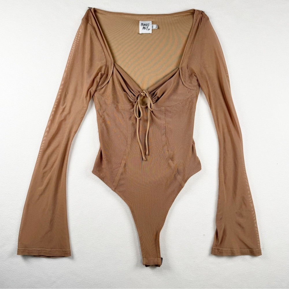Princess Polly Tan Mesh Tie Front Bell Sleeve Y2K 90s 2000s Bodysuit Womens US 4